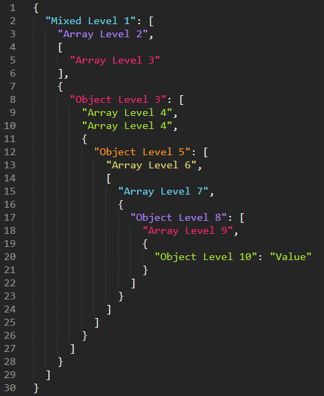 Monokai Neue JSON, objects and arrays interleaved