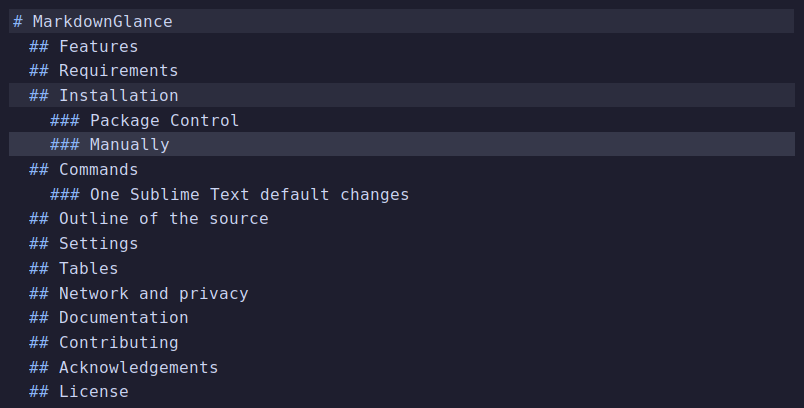 The contents panel beside the source, with the current heading highlighted