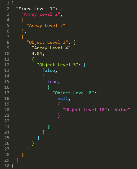 Monokai Neon, objects and arrays interleaved