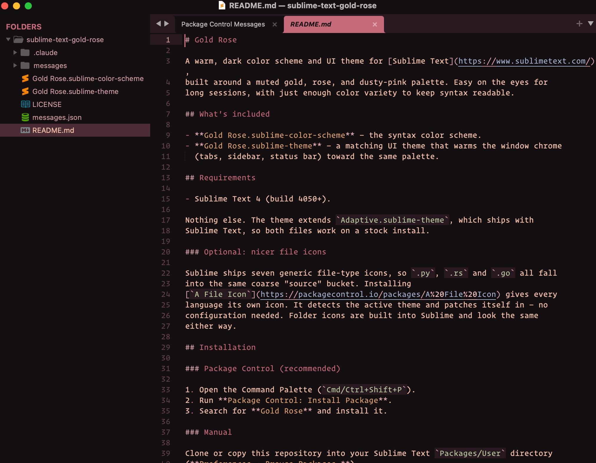 Gold Rose syntax highlighting in a Markdown file, with rose gold headings,
slate blue links and highlighted inline code