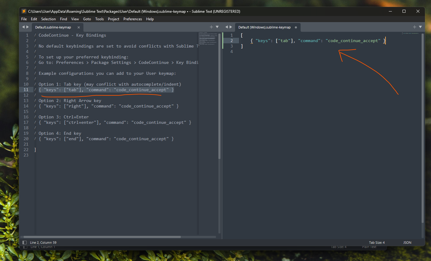 codeContinue key binding
