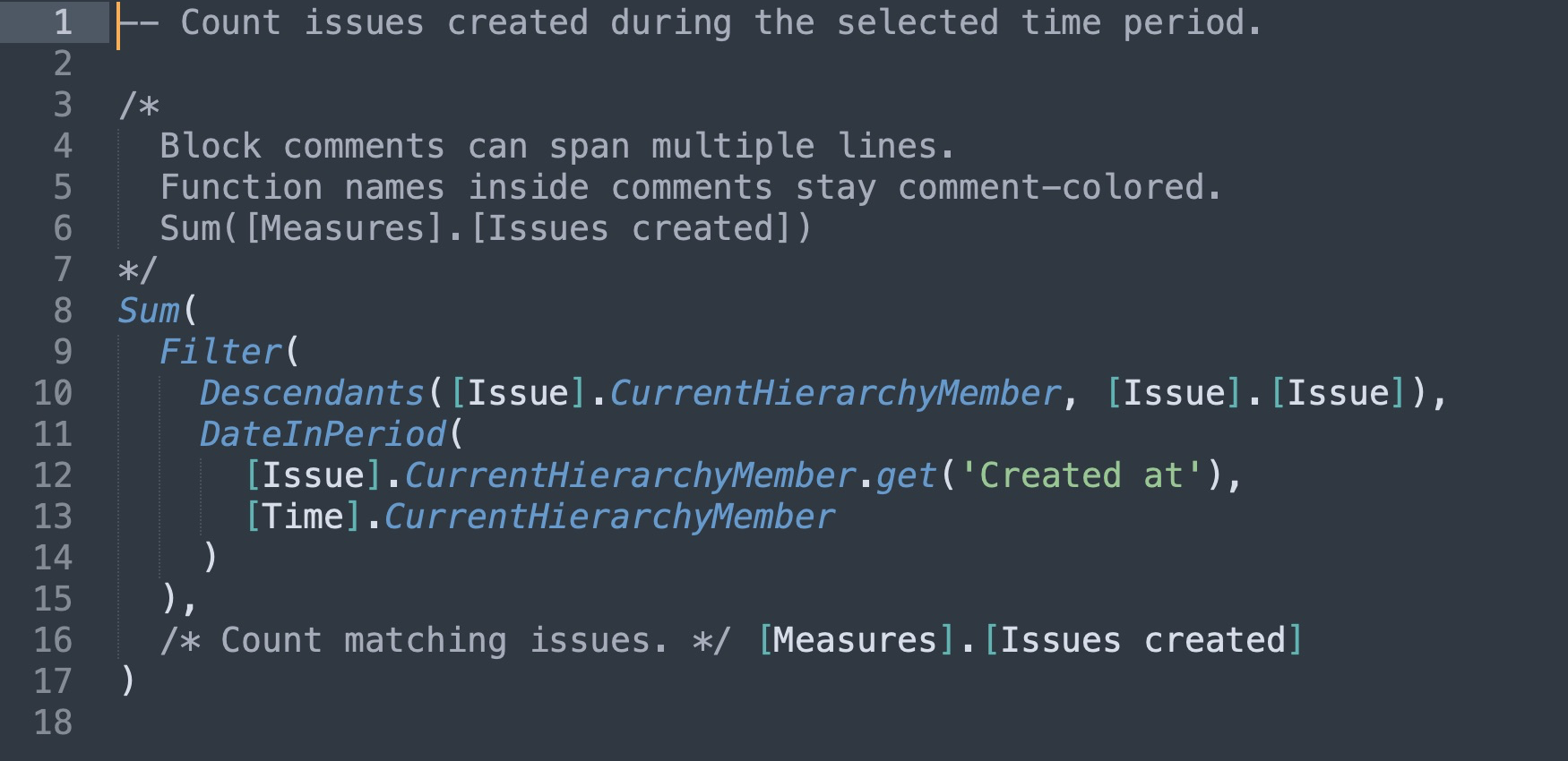 eazyBI MDX in Sublime Text, showing functions, strings, and line and block comments