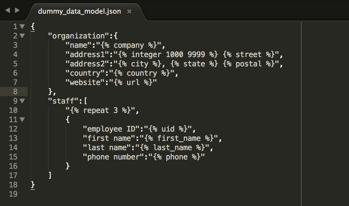 screenshot of Sublime Text editor with open dummy data model file
