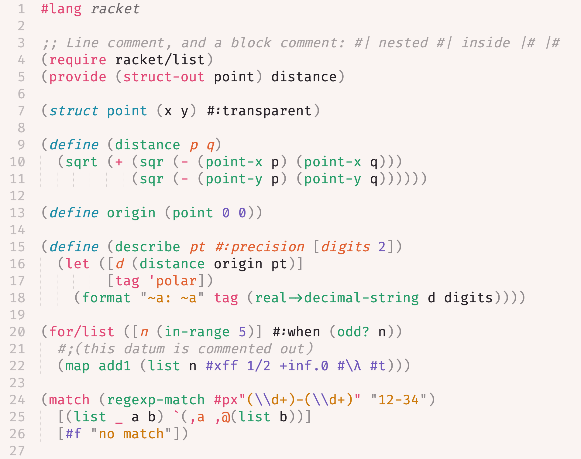 Racket source highlighted by this package, using the Monokai Pro Light colour scheme