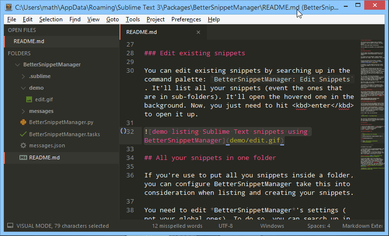 demo creating Sublime Text snippets using BetterSnippetManager