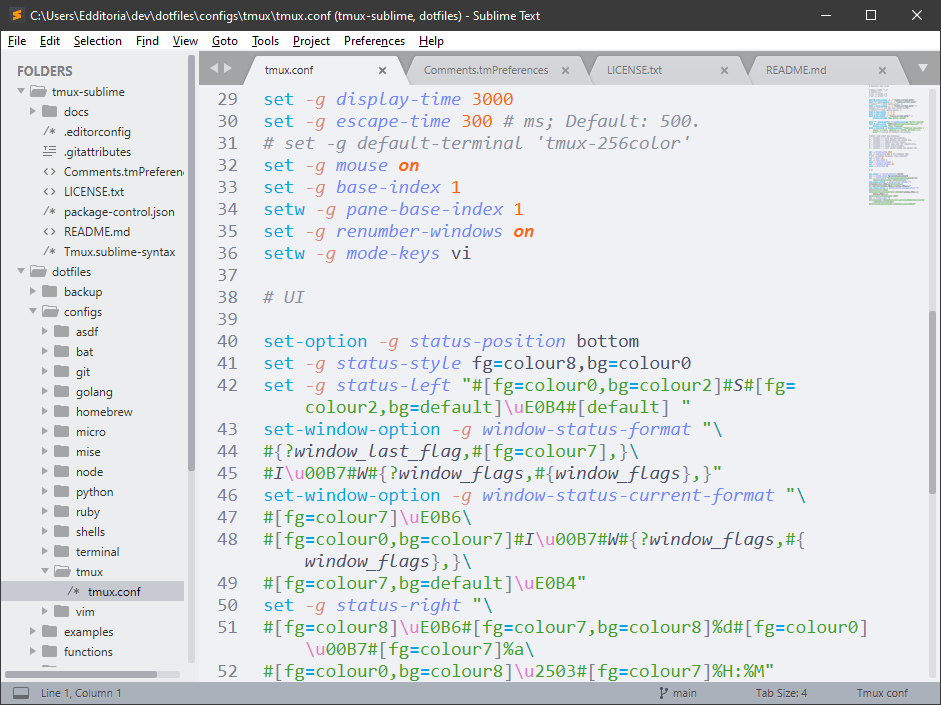screeshot showing Tmux config for Sublime Text