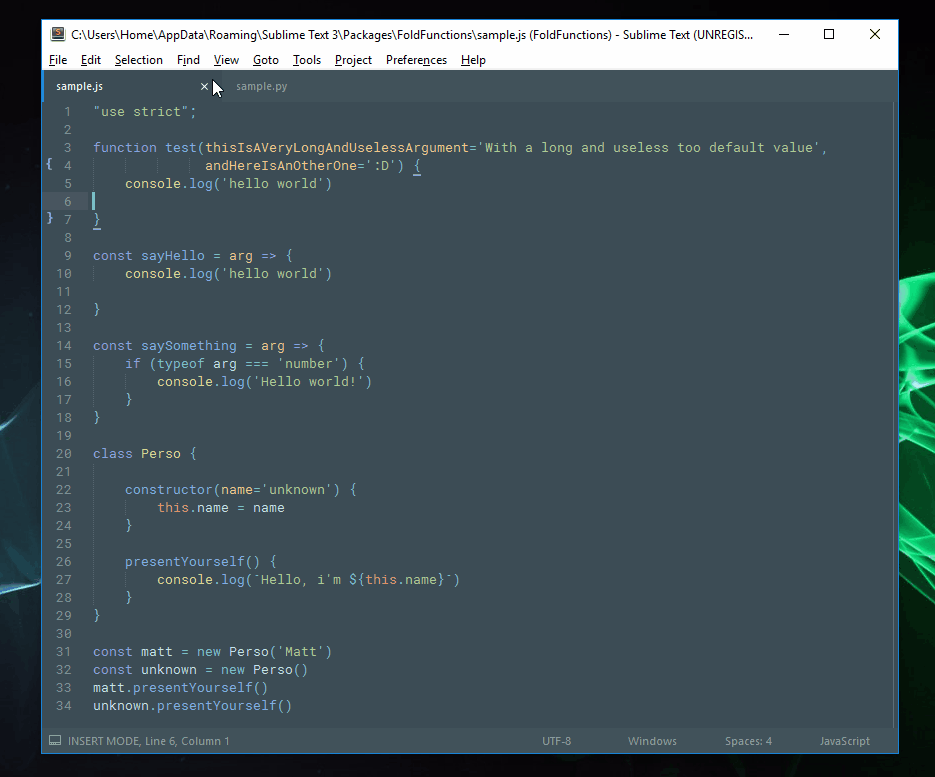 Example of folding with this package - FoldFunctions - through the command palette of Sublime Text