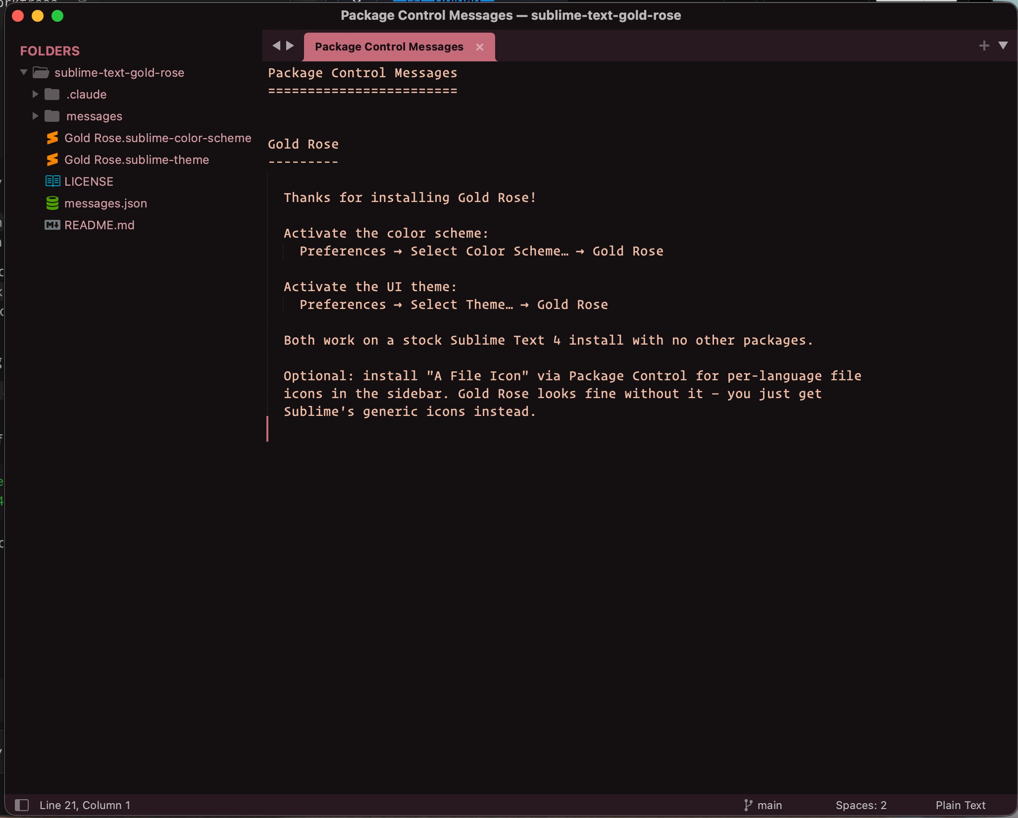 Gold Rose UI theme in Sublime Text, showing the sidebar file tree, the active
tab in rose gold, and the status bar