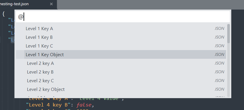 Screenshot of a JSON file with open Goto Symbol Dialog in Sublime Text 4.