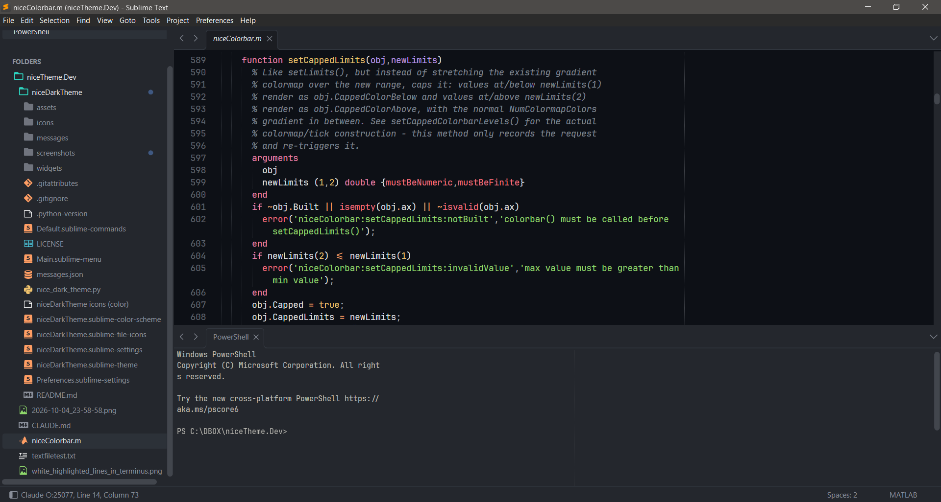 niceDarkTheme with the terminal at the bottom