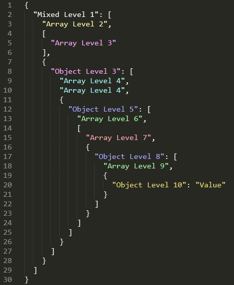 Monokai JSON, objects and arrays interleaved