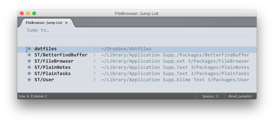 SublimeFileBrowser Jump List View