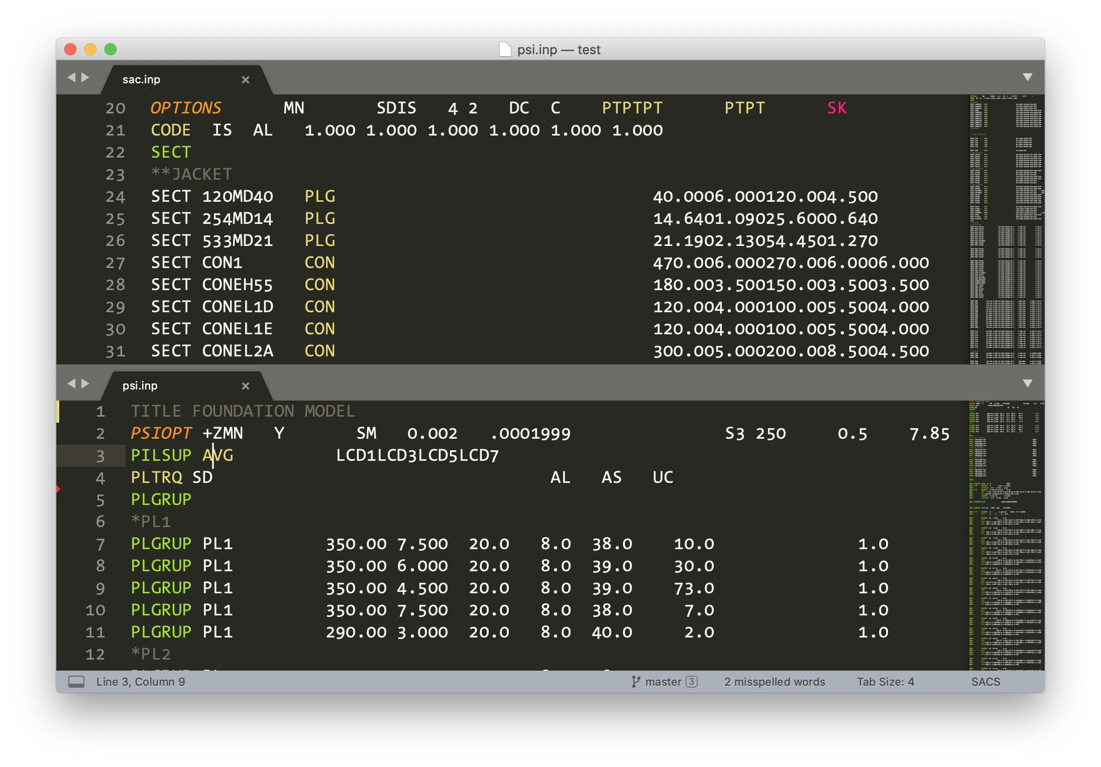 SACS input files syntax highlighted in Sublime Text