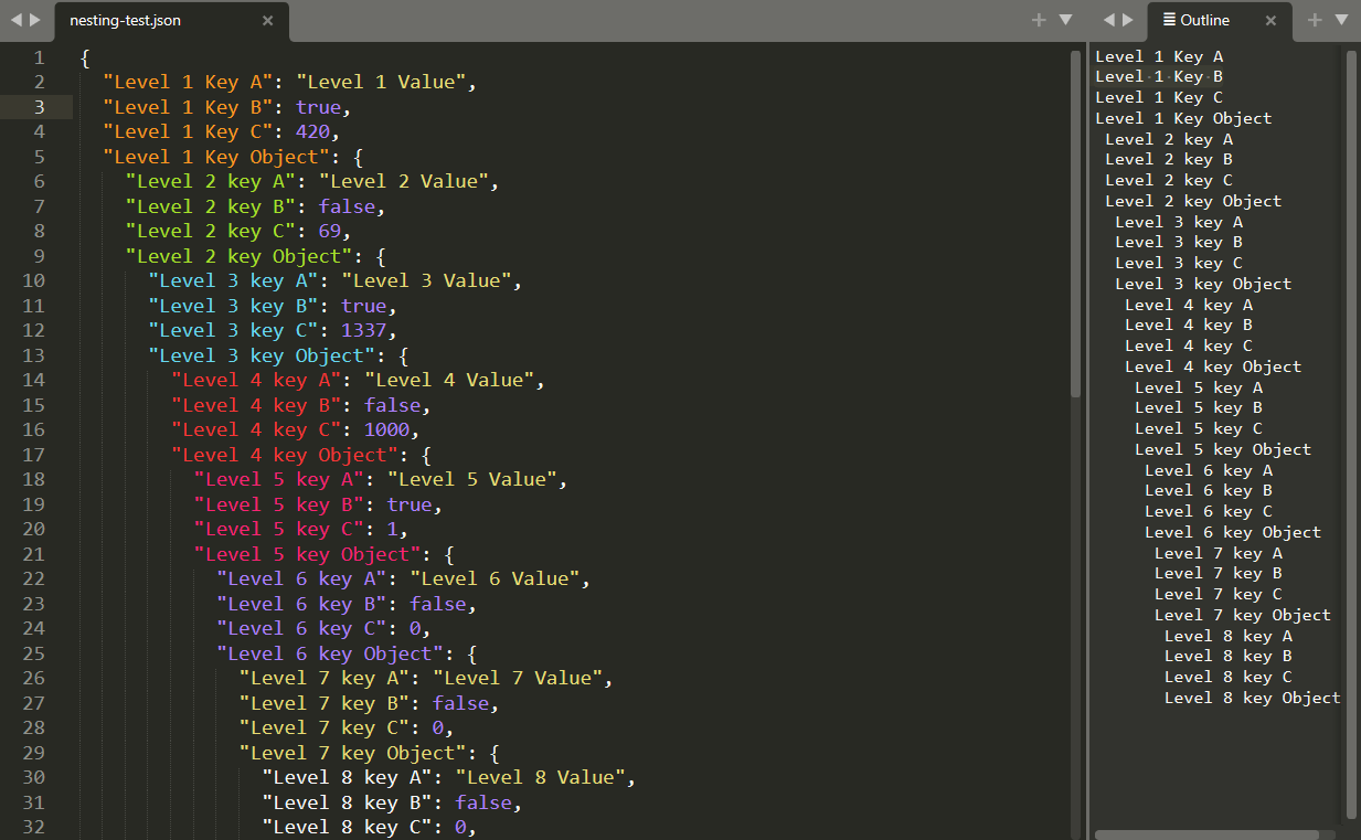 Screenshot of a JSON file with Monokai Theme Color in Sublime Text 4.