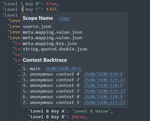 Screenshot of a JSON file displaying a scope in Sublime Text 4.